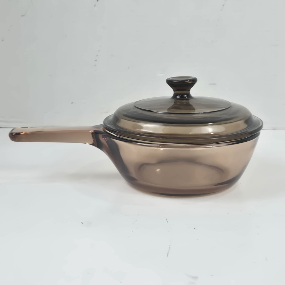 Vtg Corning Visions Amber Glass 0.5 Liter Saucepan w Matching Pyrex Lid USA